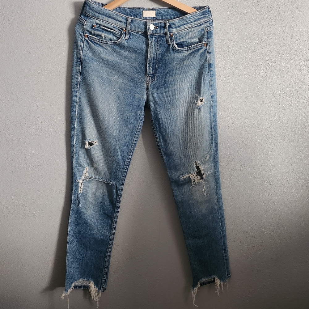 MOTHER High Rise Distressed Straight Leg Jeans - Light Blue
